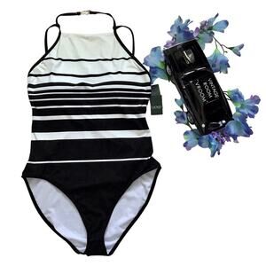 Lauren Ralph Lauren NWT One Piece Black and White Gradient Stripes Swim Women 16